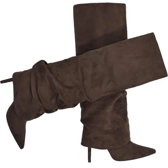 Women's Brown-Suede Knee High Fold Over Wide Calf Pointed Toe Long Heel Boot - Picture 5 of 6